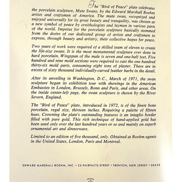 Edward Marshall Boehm "Bird of Peace" 1972 Gold RIm 13" Plate Presentation Box - Picture 7 of 13